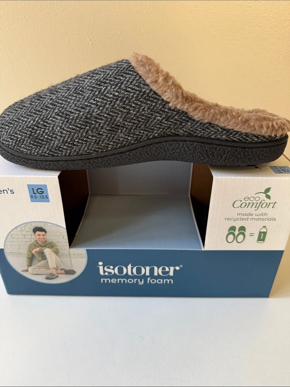 Isotoner Men Herringbone Memory Foam Slip-On Slipper w/Faux-Fur Lining 9.5-10.5